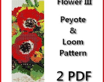 Flower III loom pattern, peyote pattern, loom bracelet, peyote bracelet, loom cuff pattern, poppies peyote, loom bead patterns, wide cuff