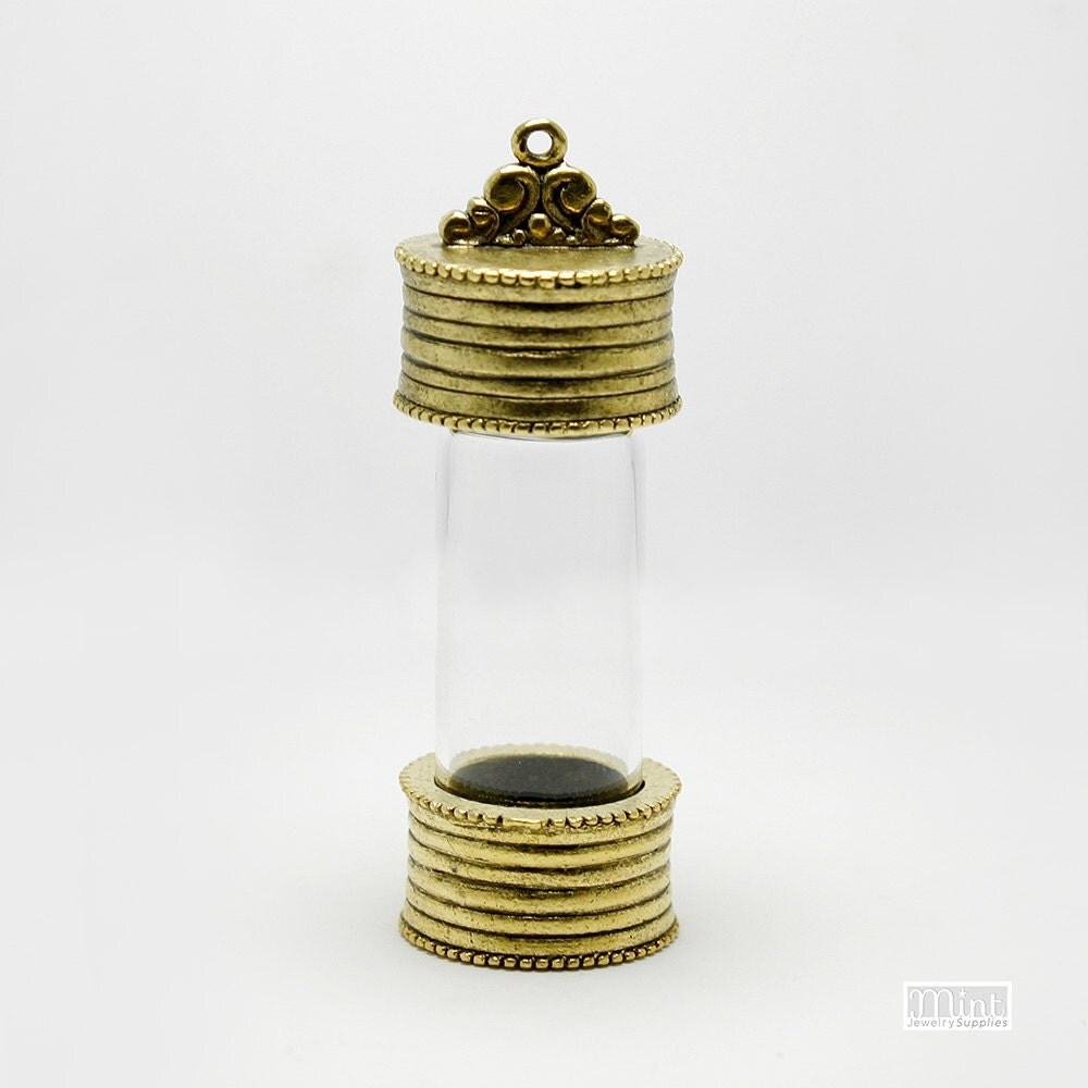 Glass Vial Pendant with Threaded Lid Antique 24K Gold