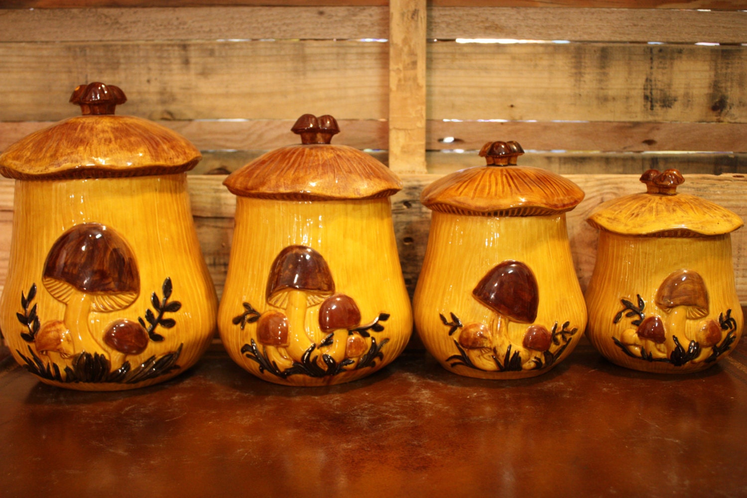 Arnel Ceramic Mushroom Canisters Set of 4 Brown & Yellow