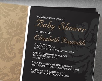 brown damask baby shower invites