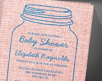 blue rustic burlap mason jar baby shower invites