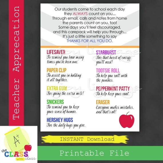 TEACHER Appreciation Care Package INSTANT DOWNLOAD Digital