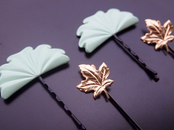 Vintage Hair Accessories - Green Fan and Gold Maple Leaf - (Set of 4) Embellished Bobby Pins