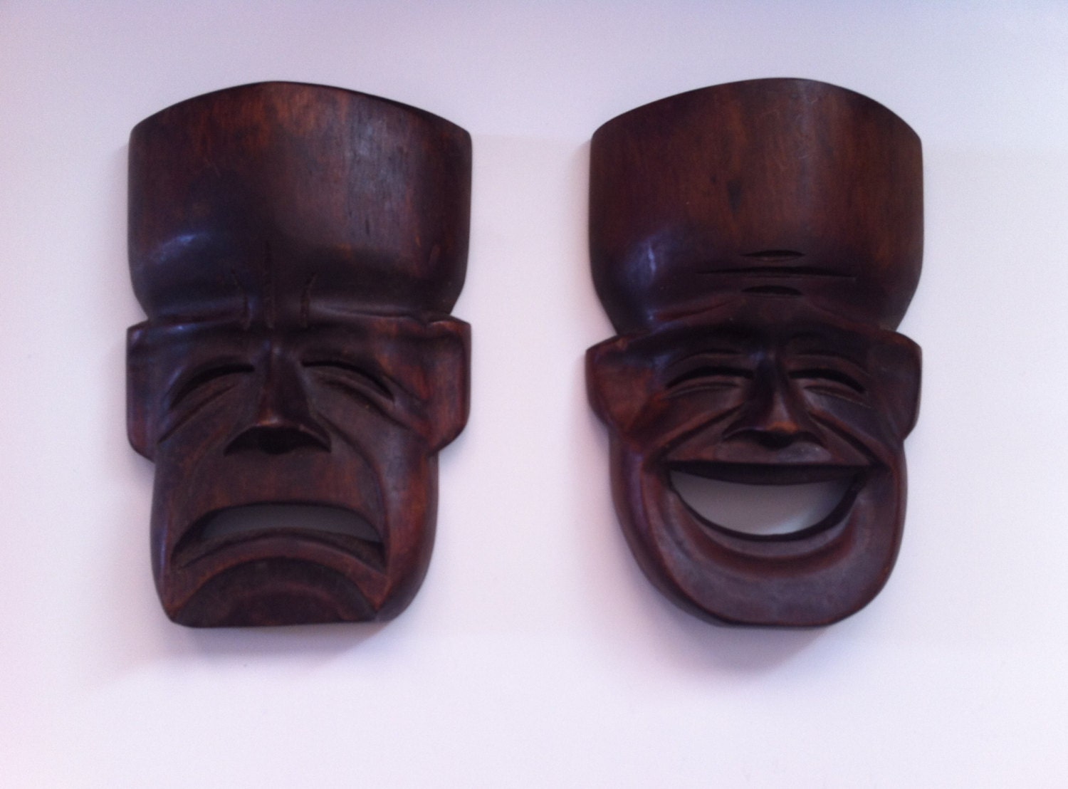 Vintage Carved Wood Drama Masks / Wooden Mask / Happy Sad Face