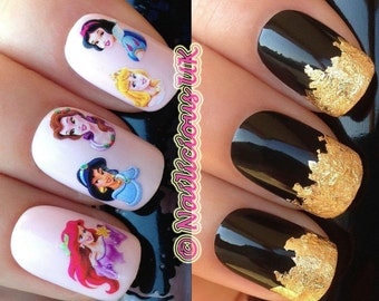nail art set #101. princess ariel belle aurora jasmine water transfers decals stickers and a large gold leaf sheet present gift