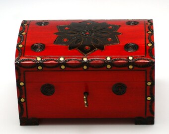 Wooden jewelry box, small wooden watch box, wood trinket casket, red small box, handcarved useful casket, keepsake box, lockable box
