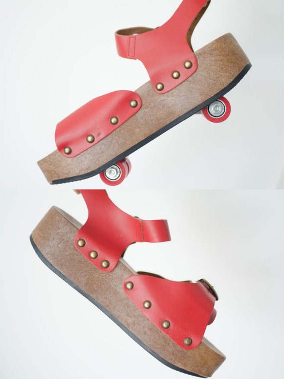70's Red leather convert-able roller-skate platform sandals made in Italy by omniac pop wheel VTG buckle wedge roller girl VTG size 8 to 10