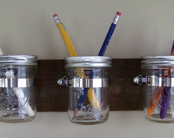 Mason Jar Wall Decor / Hanger / Planter / Caddy / Organizer; 3 Mason Jars; Recycled / Reclaimed / Salvaged Wood; 15" x 3.5"