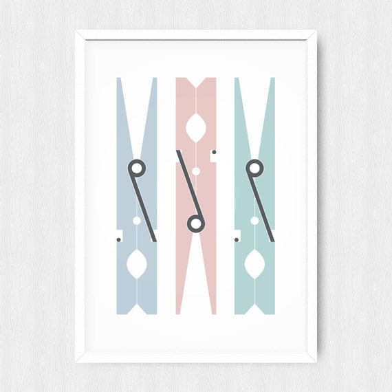 Items similar to Clothespin Print, Wall Print, Wall Art, Colorful, Blue
