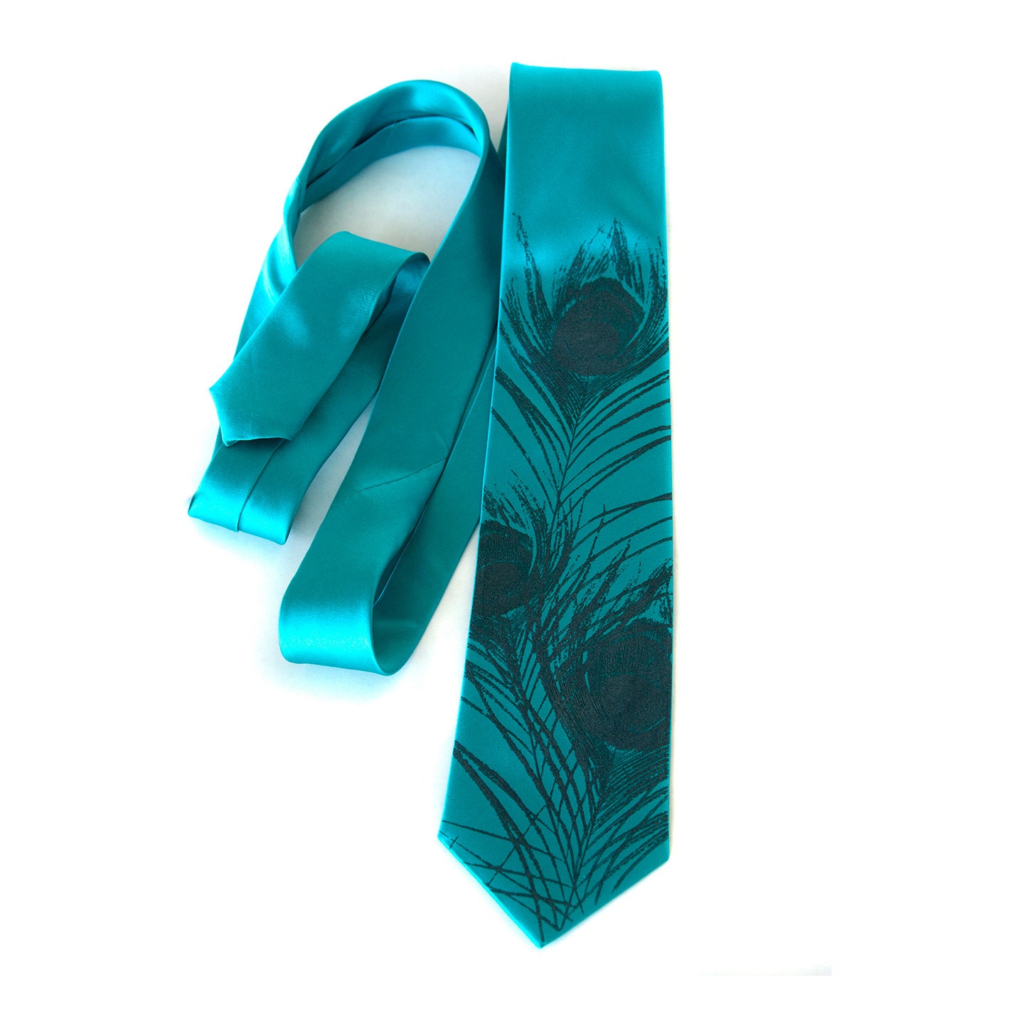 Teal blue peacock tie. Peacock feather men's silk necktie.