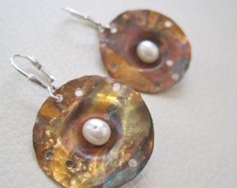 Unearthed XI, Sterling Silver, Copper and Freshwater Pearl Earrings