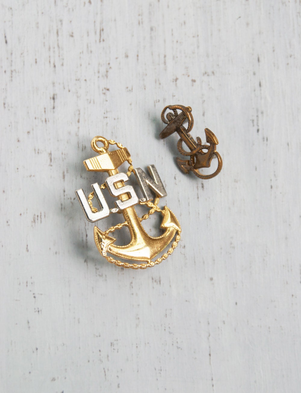2 Vintage U.S. Navy Anchor Pins double pin and screw backs