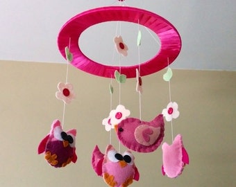 Baby Crib Mobile - Owls and Birds- Pink Owl and Bird Mobile