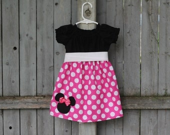 Pink Minnie Dress, Disney Mickey Minnie Mouse Peasant Dress, Pink Minnie Mouse Birthday Dress