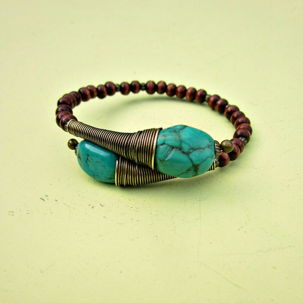 Wood Beaded Adjustable Memory Wire Cuff Bangle Bracelet with