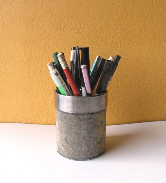 Distressed Metal Pencil Holder Utensil Holder Office