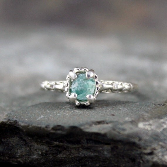 Raw Emerald Ring Antique Style Engagement Ring Sterling