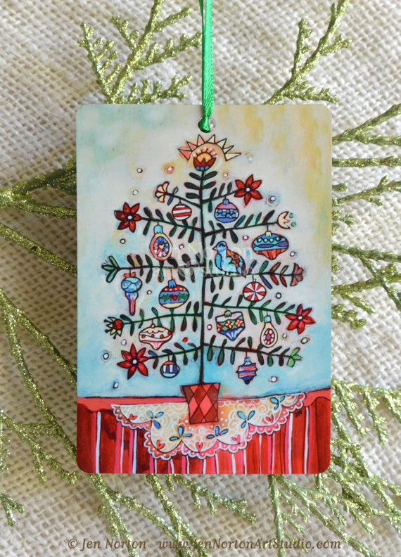 folk style christmas trees with vintage ornaments on folk style christmas trees with vintage ornaments on