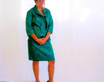 Vintage 1960s Suit Jackie Kennedy 60s Mod Green and Blue Damask Skirt Suit