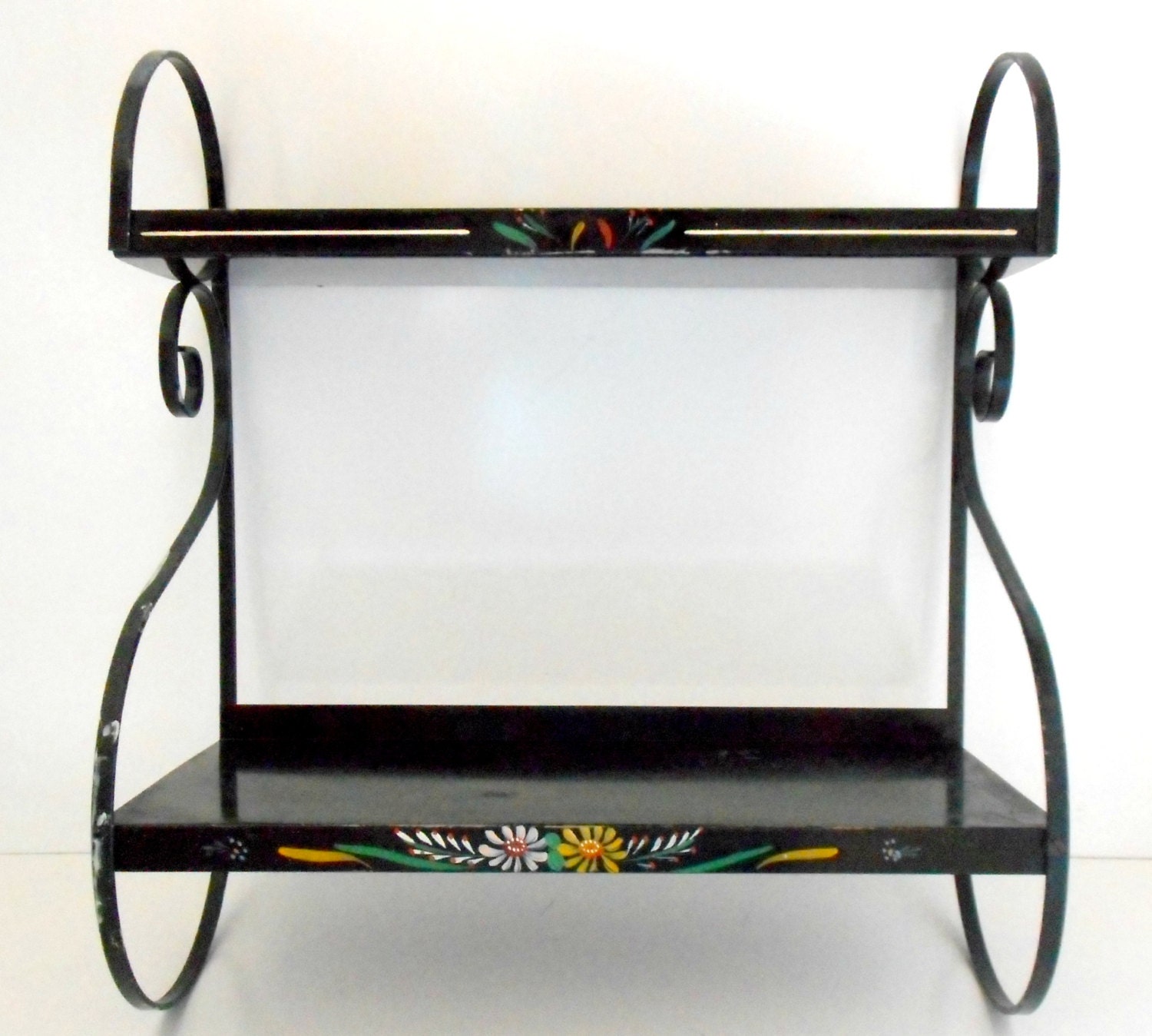 Tole Painted Vintage Metal Shelf Double Wall Shelf Bath Kitchen Entry
