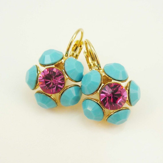 Turquoise Pink Earrings Aqua Blue Pink Earring Swarovski