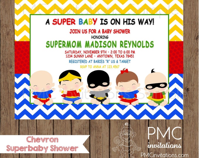 Custom Printed Chevron Superhero Baby Shower Invitations - 1.00 each with envelope