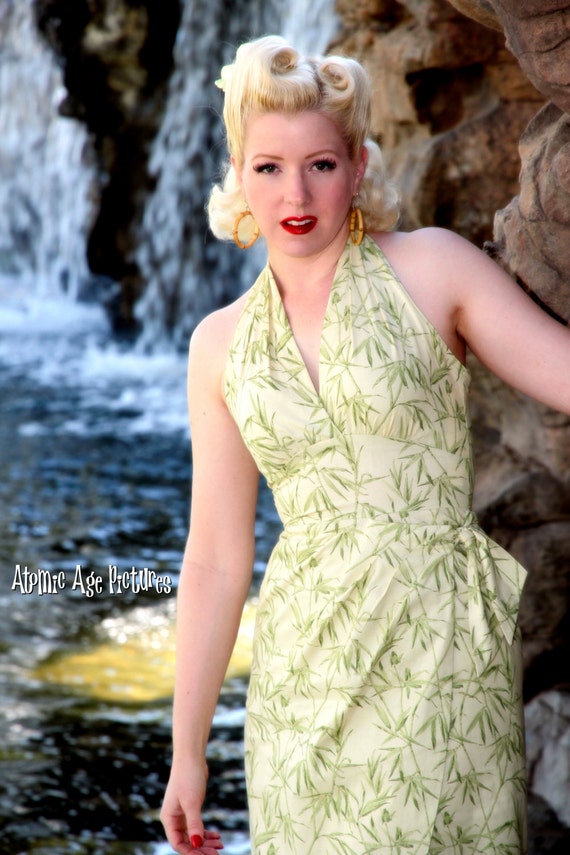 50's Style Hawaiian Halter Sarong Dress in Green Bamboo Print