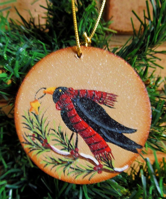 Items similar to Winter Crow Wood Disc Hand Painted Ornament Made to