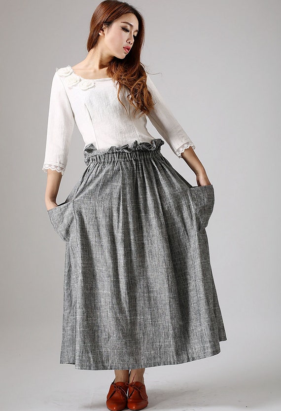 Grey maxi skirt casual long linen skirt with elastic waist A