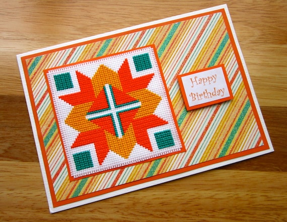Happy Birthday Handmade Cross Stitch Card Amish Quilt Block