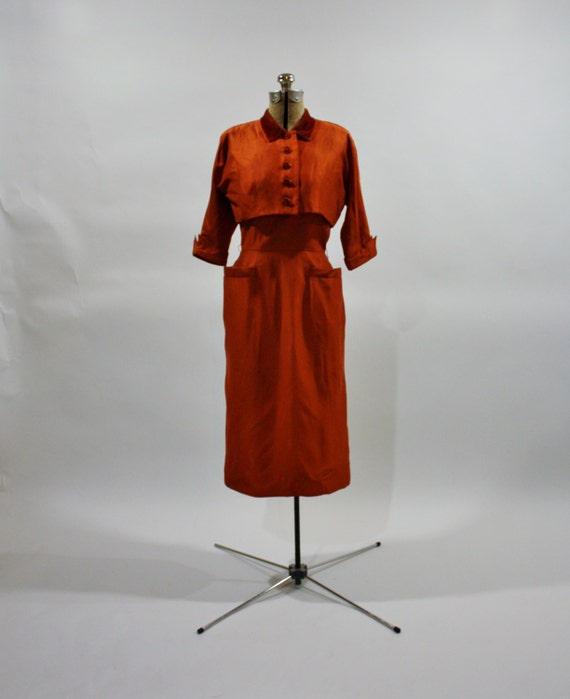 vintage 50s cocktail dress Copper Penny shiny wiggle cropped