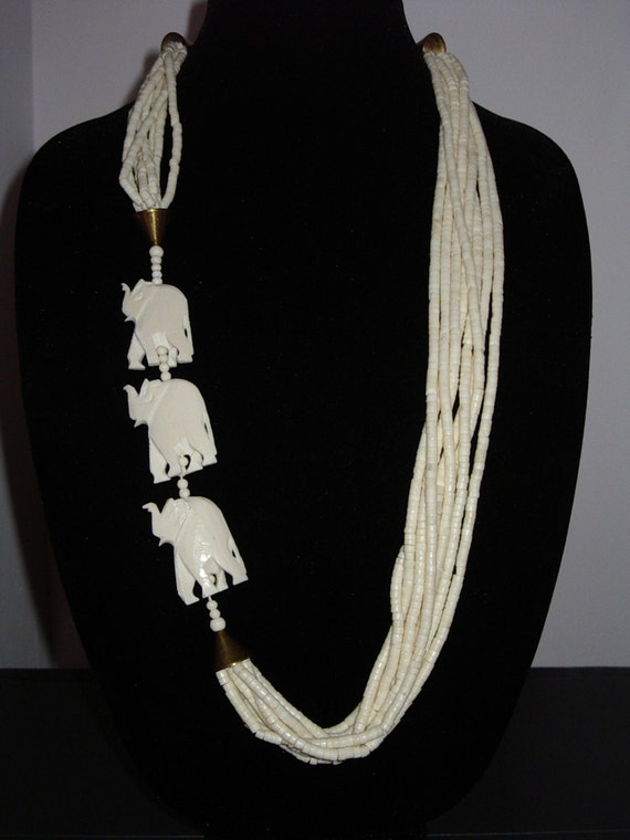 Elephant Necklace Hand Carved Faux Ivory Bone and Brass