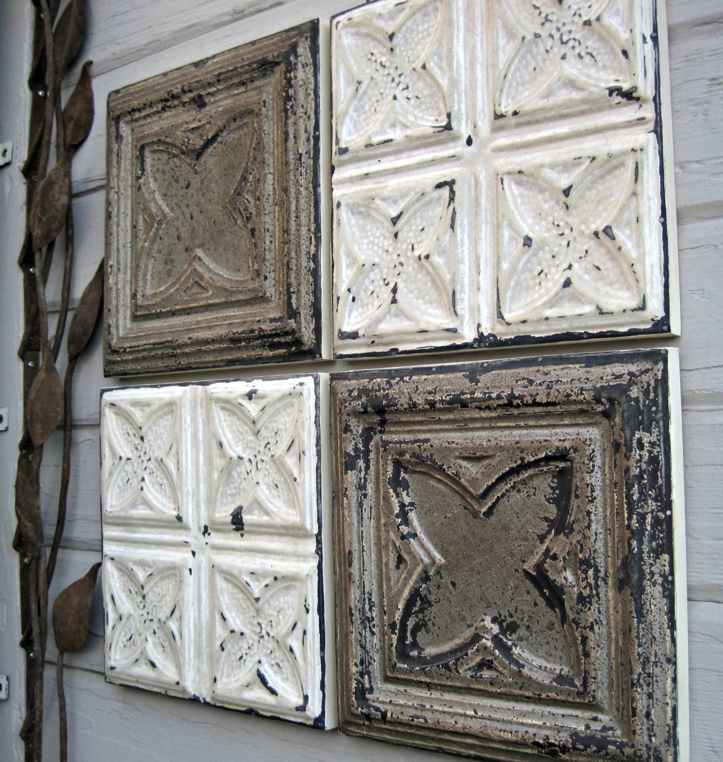 ALL 4 FRAMED Antique Tin Ceiling Tiles. Circa by DriveInService