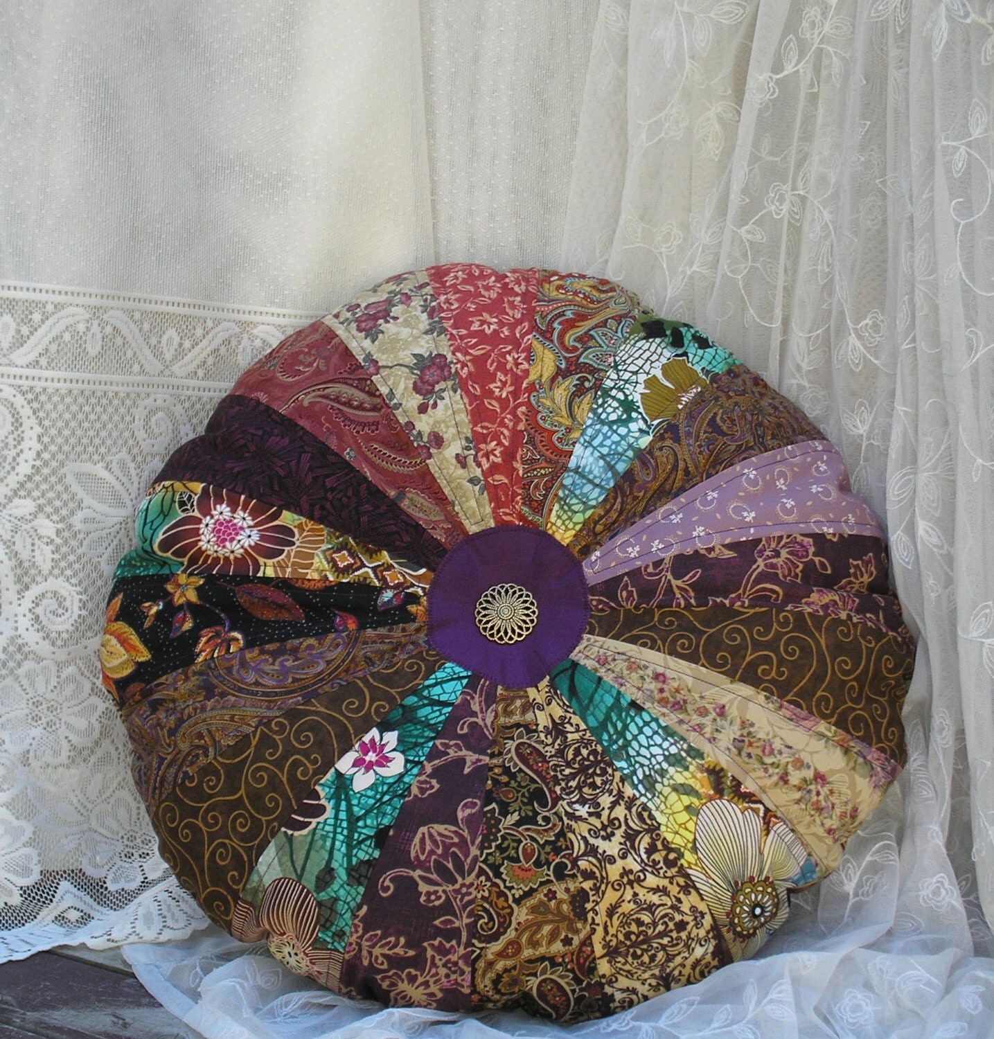 Quilted BoHo Pillow Large Round Sprocket Decorator Pillow