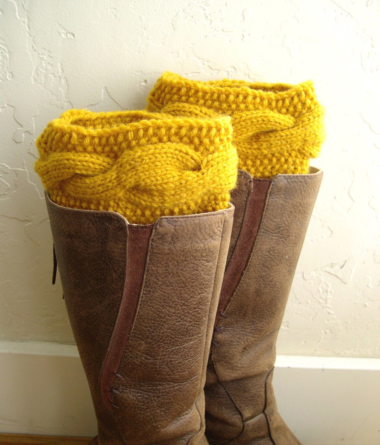 Mustard Boot cuffs Yellow Leg Warmers Cable knit boot