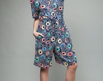 vintage 80s romper playsuit jumpsuit shorts rayon memphis style circle print M L medium large
