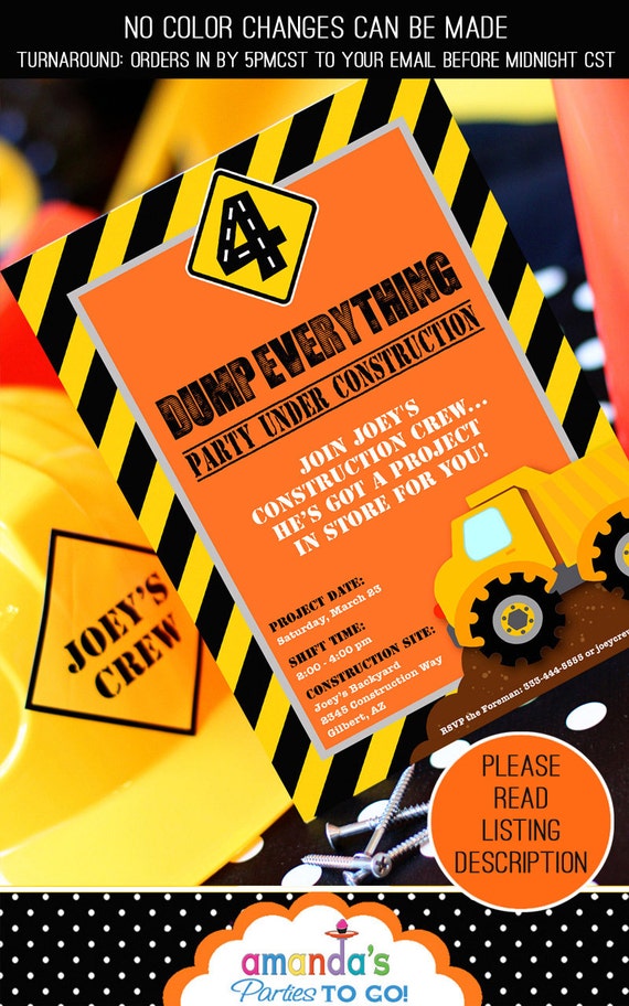 Construction Party Invitation, Thank You, Address Labels & Envelope Seals - Printable - Dump Truck - Builder - Vehicle - Amanda's Parties Il_570xn