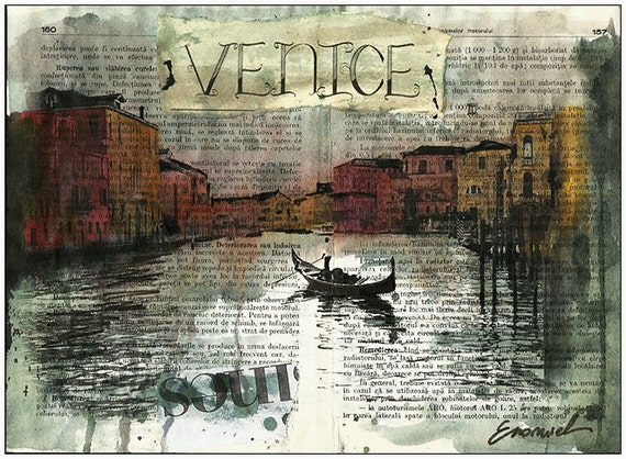 Print Art canvas print ink drawing gift Drawing sketch Collage Painting Venice Cityscape Illustration Autographed signed Emanuel M. Ologeanu