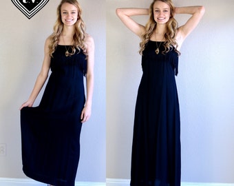 vtg 70s black FLAPPER empire waist FRINGE Maxi DRESS xs/s party cocktail lbd