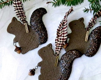 Pottery Squirrel Ornament / Ceramic Holiday Woodland Cabin Theme / Squirrel Lover Gifts Under 20 / USA Artisan Handmade Christmas Decoration