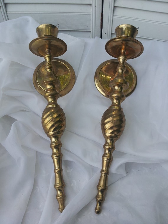 Set of Two Large Brass Wall Hanging Sconces Candle Holders