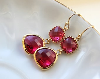 Fuchsia Earrings Pink Gold - Bridesmaid Earrings - Bridal Earrings - Hot Pink Wedding Jewelry - Wedding Earrings - Gift under 35