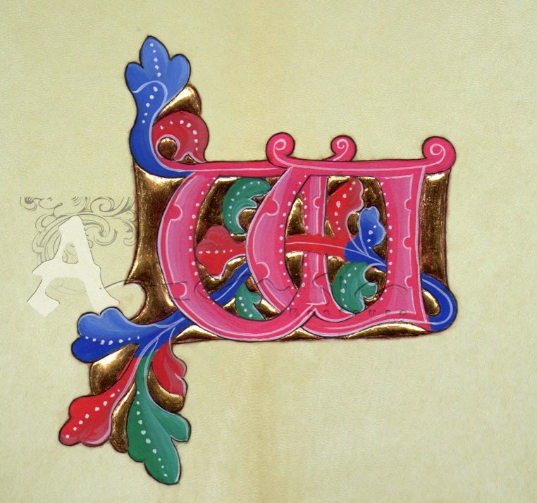 Illuminated letter W on parchment gold leaf and egg tempera