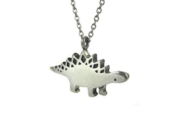 Stegosaurus Dinosaur Necklace with Geometric Pattern - Pewter Stegosaurus Pendant