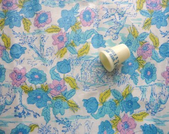 pink and blue floral print vintage cotton fabric -- 36 wide by 1 yard