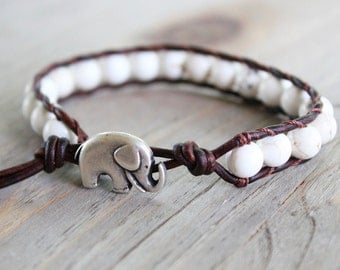 elephant bracelet, lucky elephant jewelry, beaded wrap bracelet, bohemian jewelry // brown or black leather