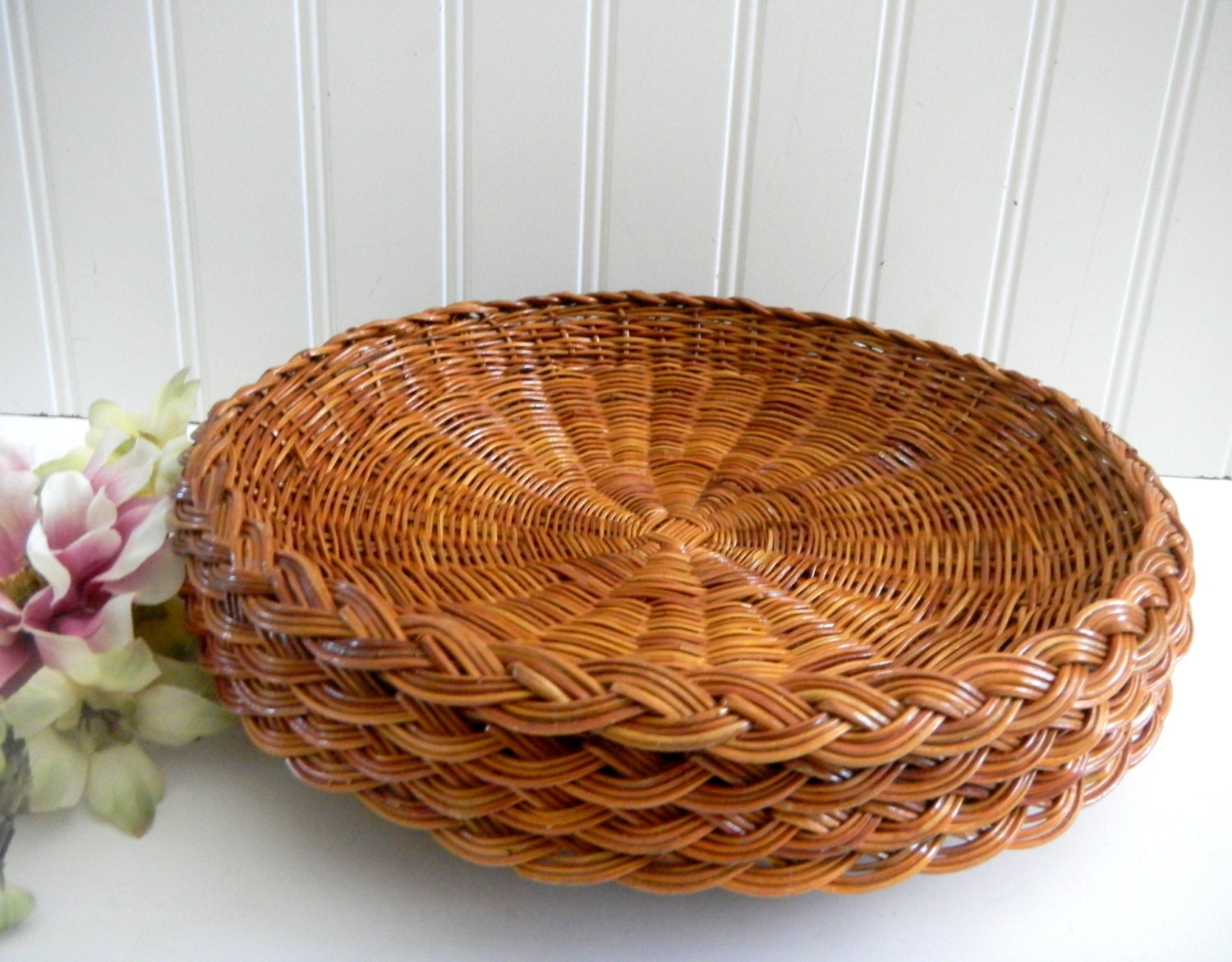 Vintage Wicker Rattan Plate Holders. Set of 4 / Costal Decr