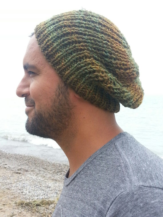 Slouchy rib hat, unisex, northwoods green and browns, ready to ship