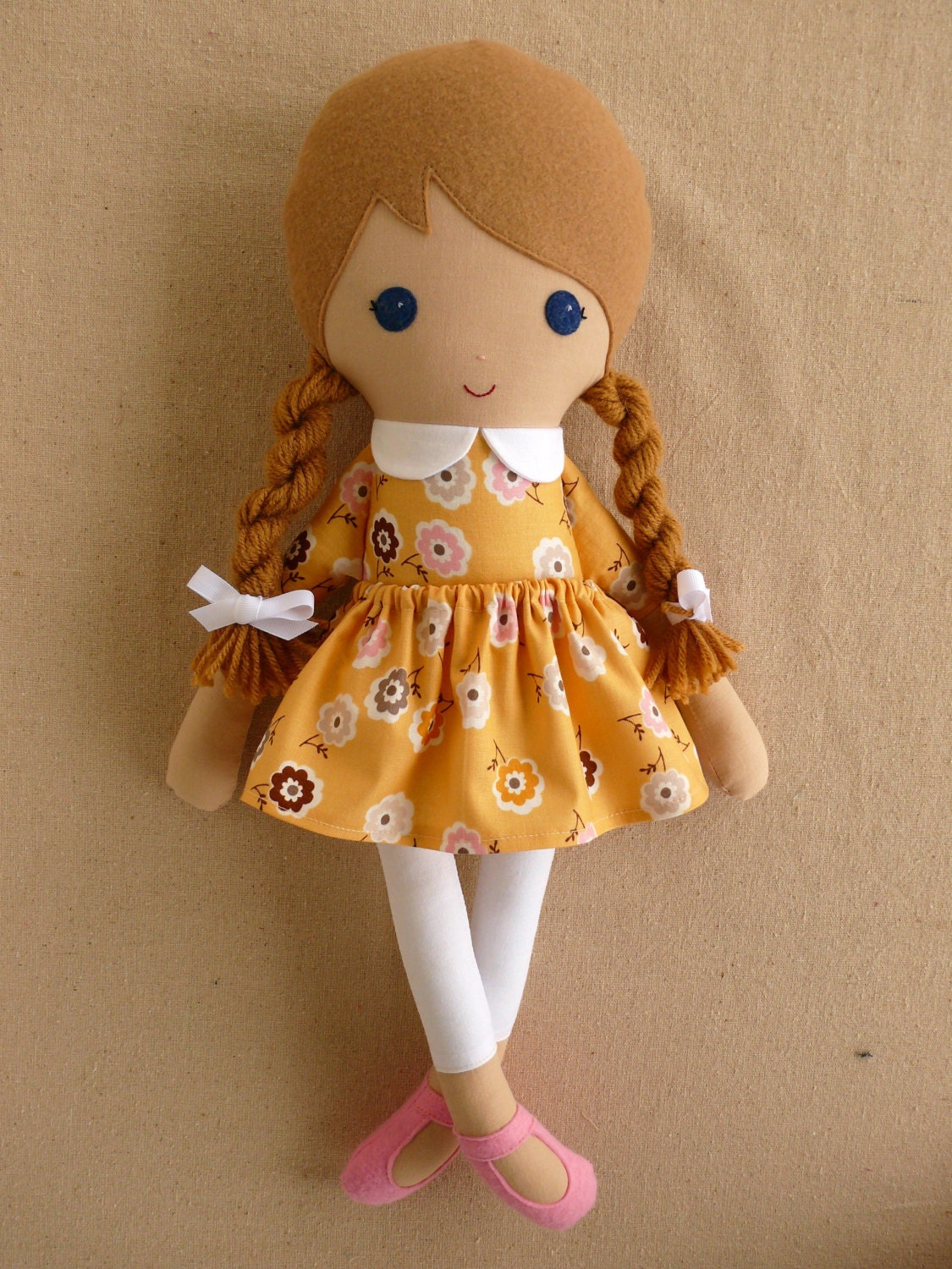 Fabric Doll Rag Doll Light Brown Haired Girl with Yellow