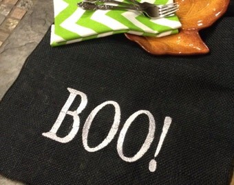 BOO - Black Burlap Halloween table runner - 12 inches by your choice of the length